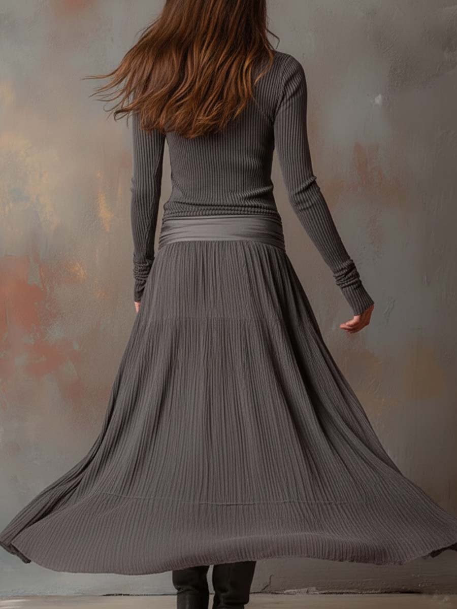 Charcoal Gray Vintage Ribbed Knit Maxi Dress