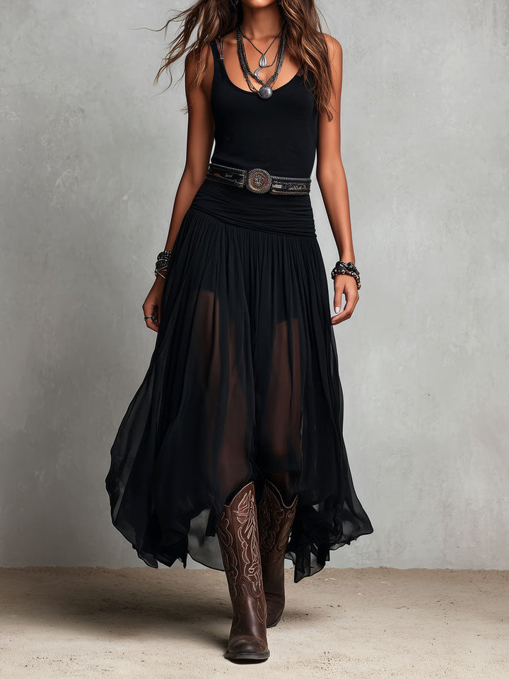Μαύρο Boho Western Μακρύ Φόρεμα με Διαφανή Φούστα