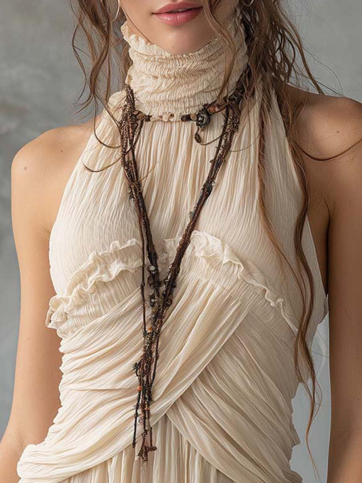 Ρομαντική Boho Μπλούζα με Πτυχώσεις και Χαμόγελο στον Λαιμό