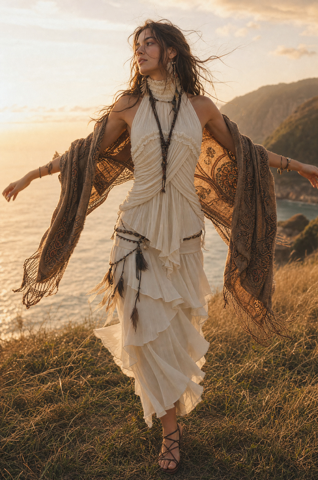 Ρομαντική Boho Μπλούζα με Πτυχώσεις και Χαμόγελο στον Λαιμό