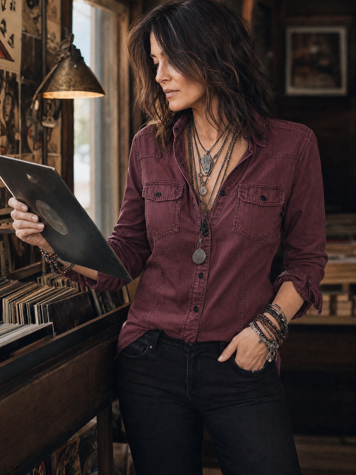 Ρετρό Τζιν Μπλούζα με Τσέπη Στήθους και Μακριά Μανίκια
