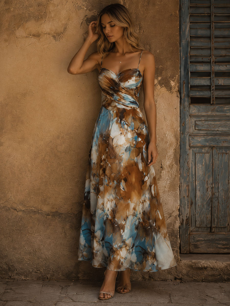 Μάξι Φόρεμα Chiffon με Boho Υδατογραφική Εκτύπωση