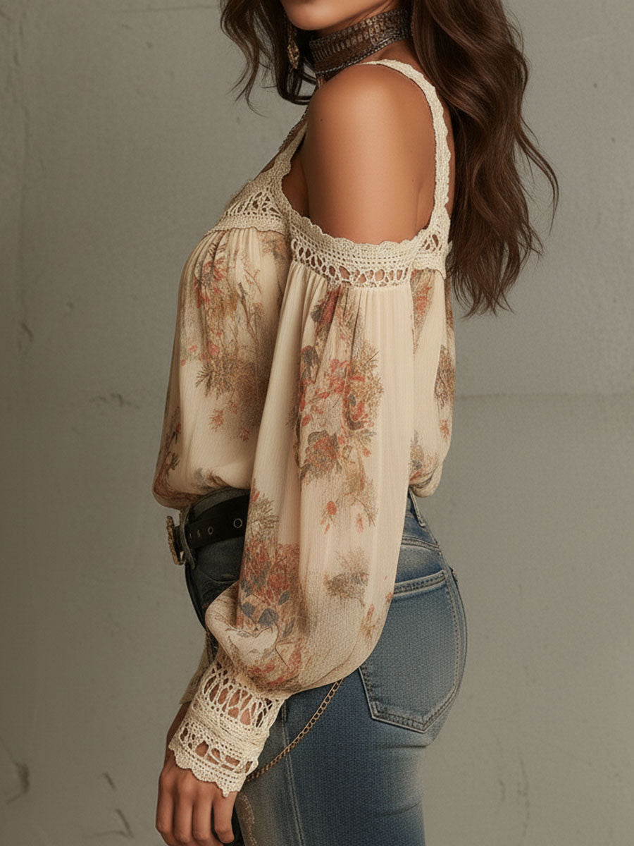 Vintage Boho Λουλουδάτη Μπλούζα με Δαντέλα και Ανοιχτούς Ώμους