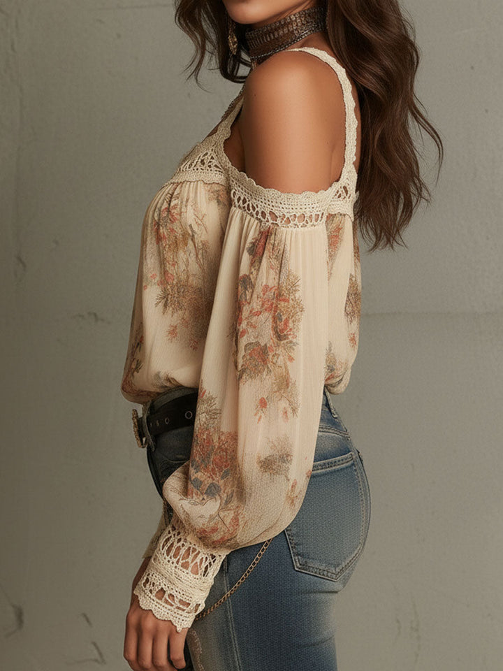 Vintage Boho Λουλουδάτη Μπλούζα με Δαντέλα και Ανοιχτούς Ώμους