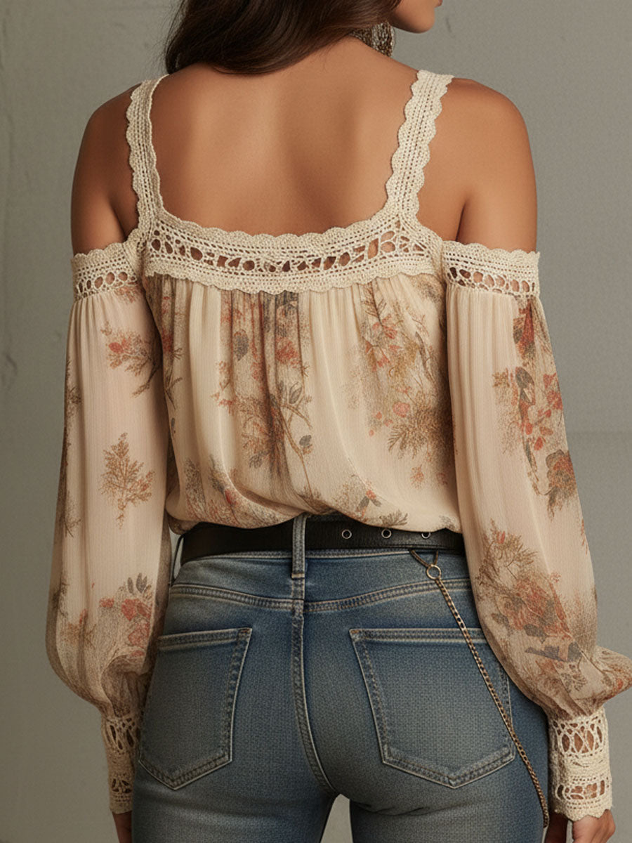 Vintage Boho Λουλουδάτη Μπλούζα με Δαντέλα και Ανοιχτούς Ώμους