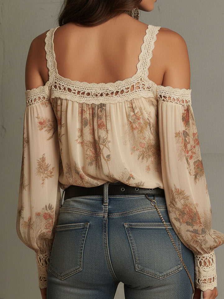 Vintage Boho Λουλουδάτη Μπλούζα με Δαντέλα και Ανοιχτούς Ώμους