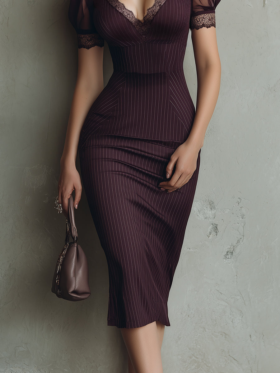 Στυλάτο Midi Φόρεμα Bodycon με Ρίγες και Δαντέλα