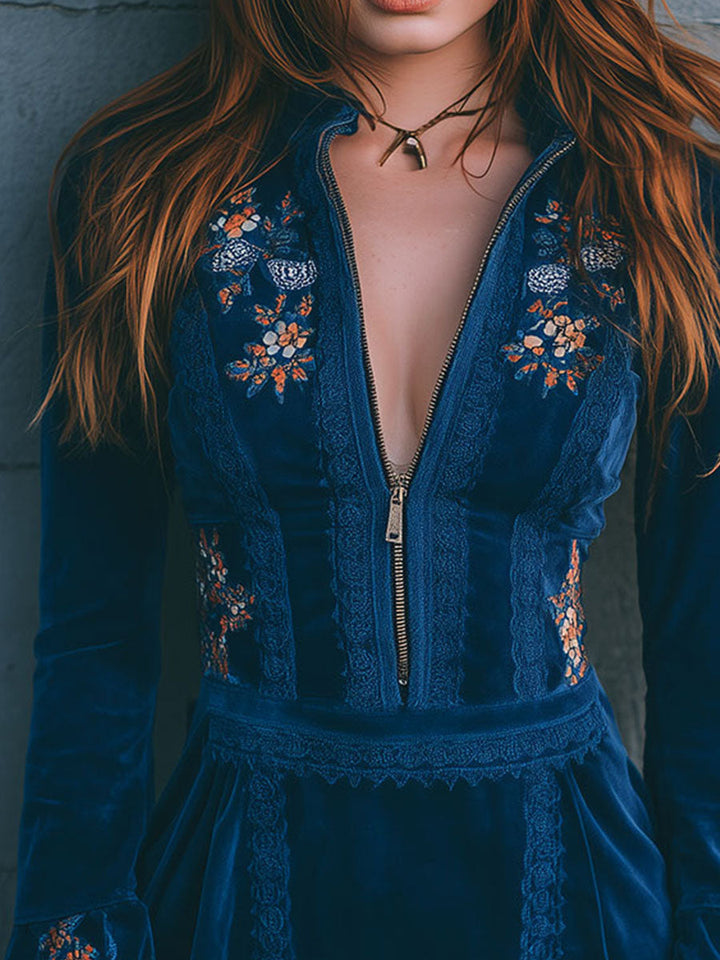 Μπλε Βελούδινο Μίνι Φόρεμα Boho με Φερμουάρ και Δαντέλα