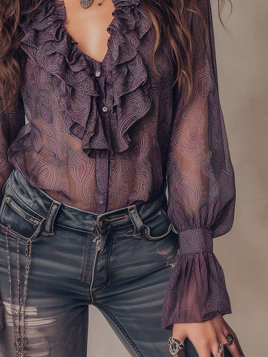 Retro Paisley Print Chiffon Blouse with Ruffled Collar