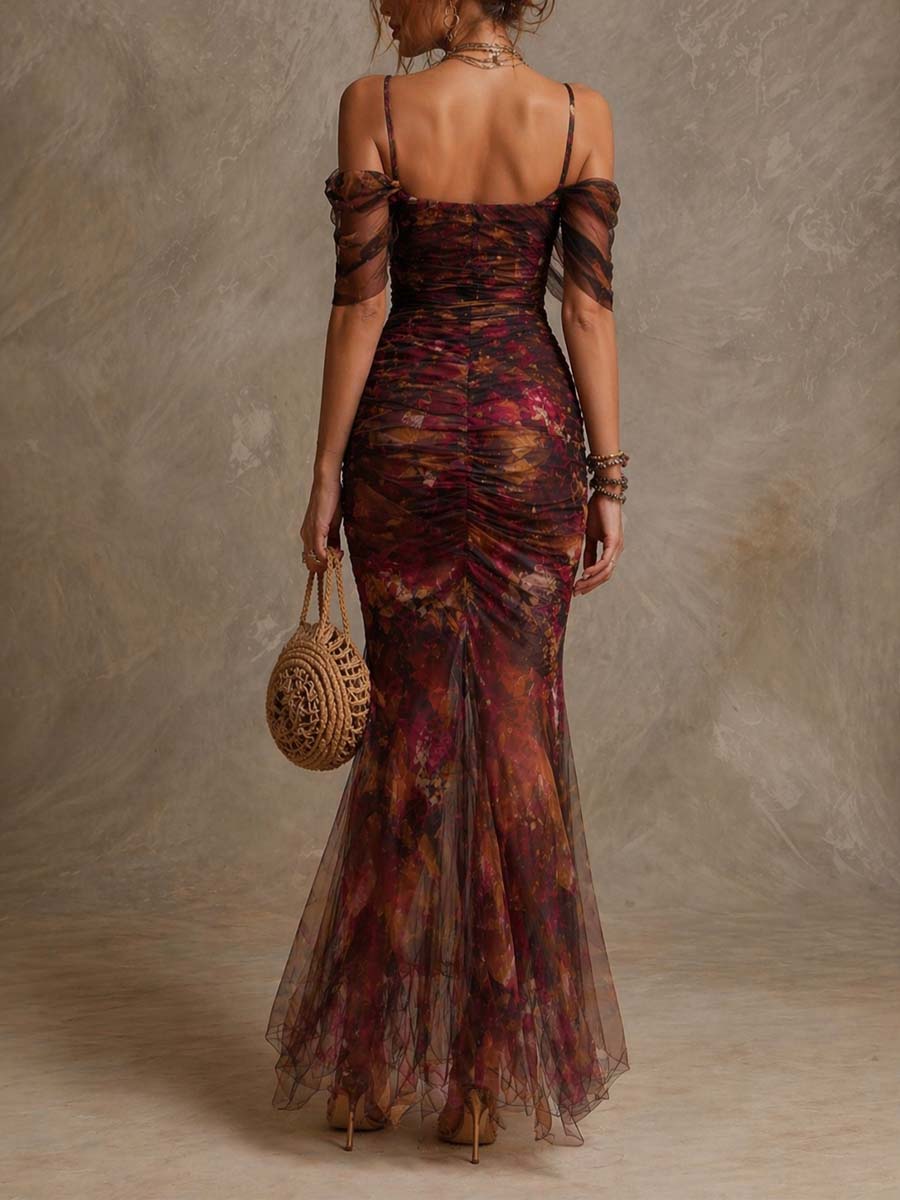 Retro Floral Off-the-Shoulder Ruched Mesh Mermaid Maxi Dress