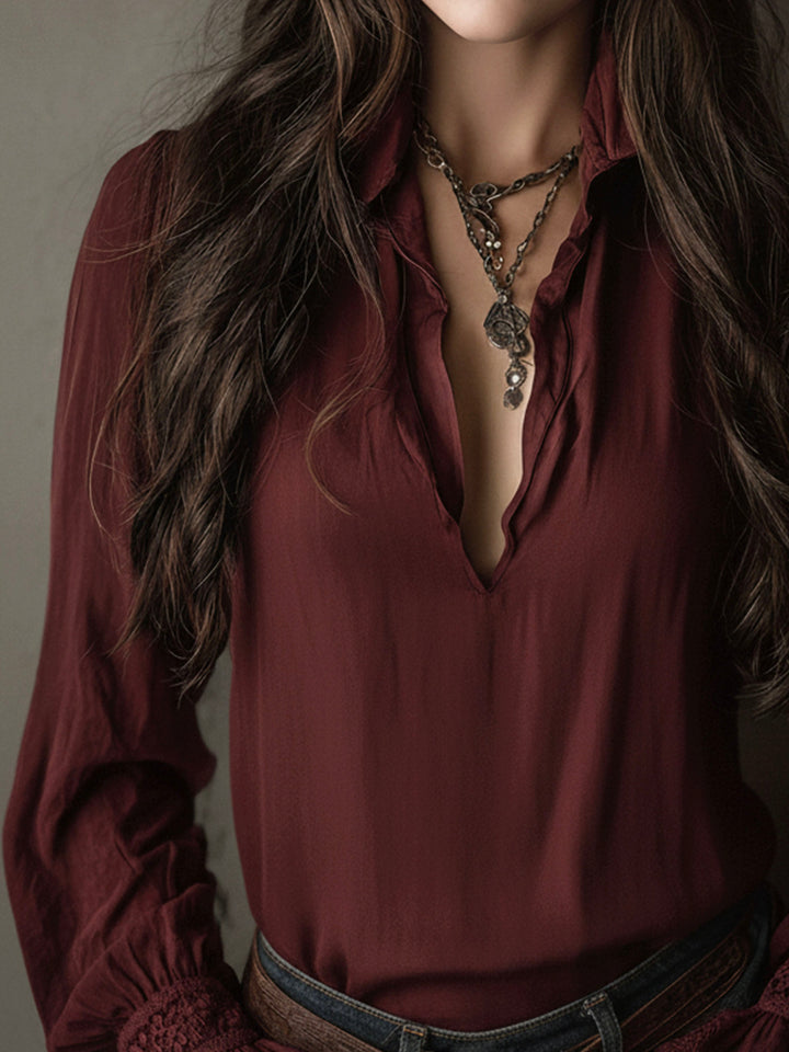 Boho V-Neck Μπλούζα σε Βαθύ Κόκκινο με Δαντελένιες Μανσέτες