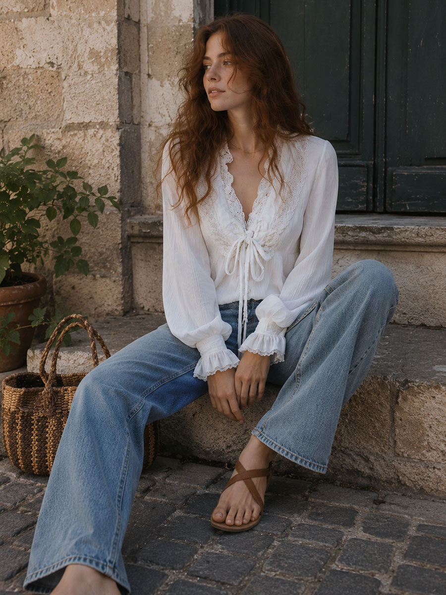 Λευκή Boho Μπλούζα με Ρίγες και Μπροστινό Δέσιμο