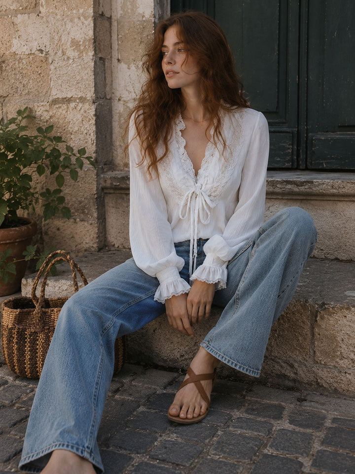 Λευκή Boho Μπλούζα με Ρίγες και Μπροστινό Δέσιμο