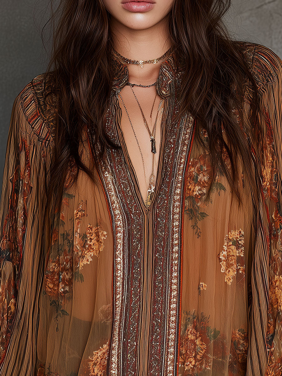 Vintage Boho Διαφανής Μπλούζα με Λουλούδια και Φουσκωτά Μανίκια