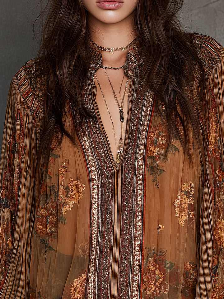 Vintage Boho Διαφανής Μπλούζα με Λουλούδια και Φουσκωτά Μανίκια