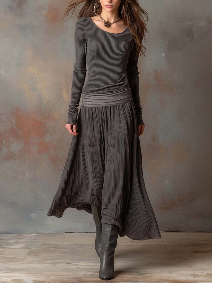 Charcoal Gray Vintage Ribbed Knit Maxi Dress