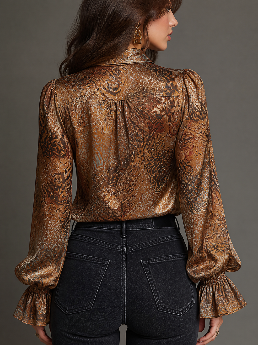 Retro Paisley Satin Ruffled V-Neck Top