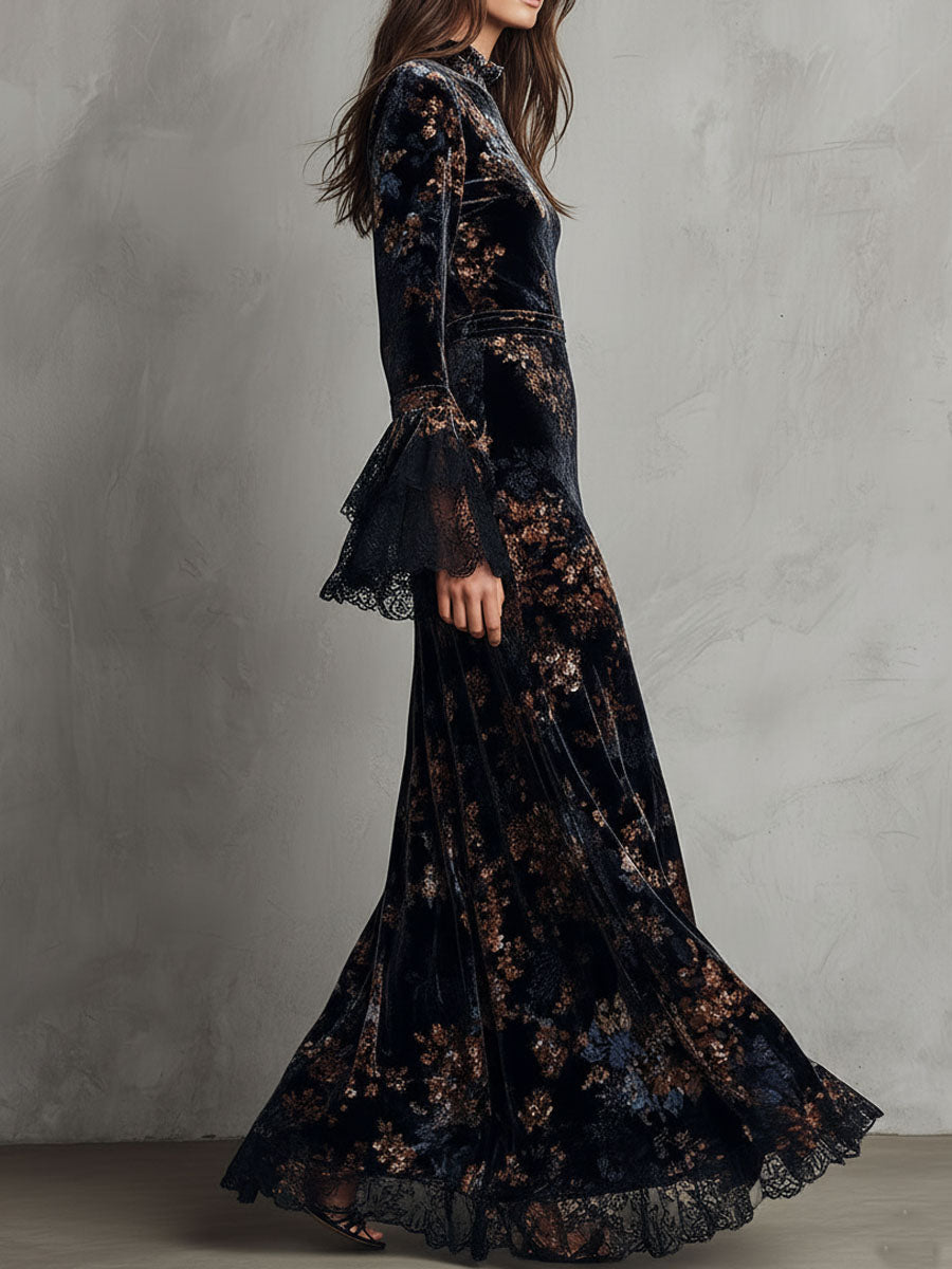 Ρομαντικό Βελούδινο Ρούχο με Λουλούδια και Κουδούνια Λαβών σε Στυλ Βραδινής Ροής