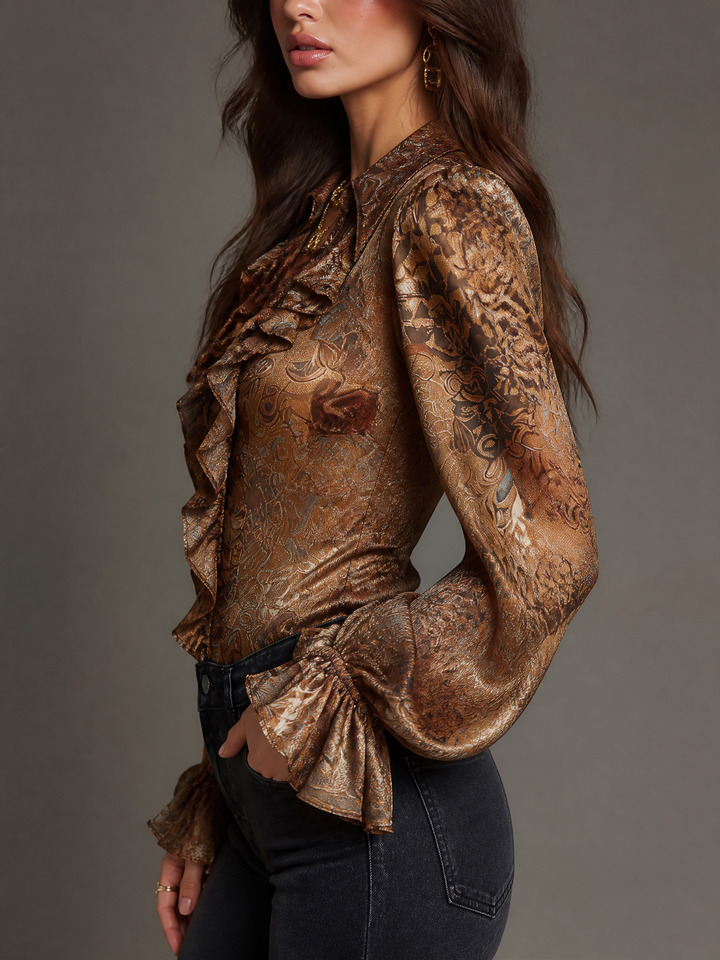 Retro Paisley Satin Ruffled V-Neck Top