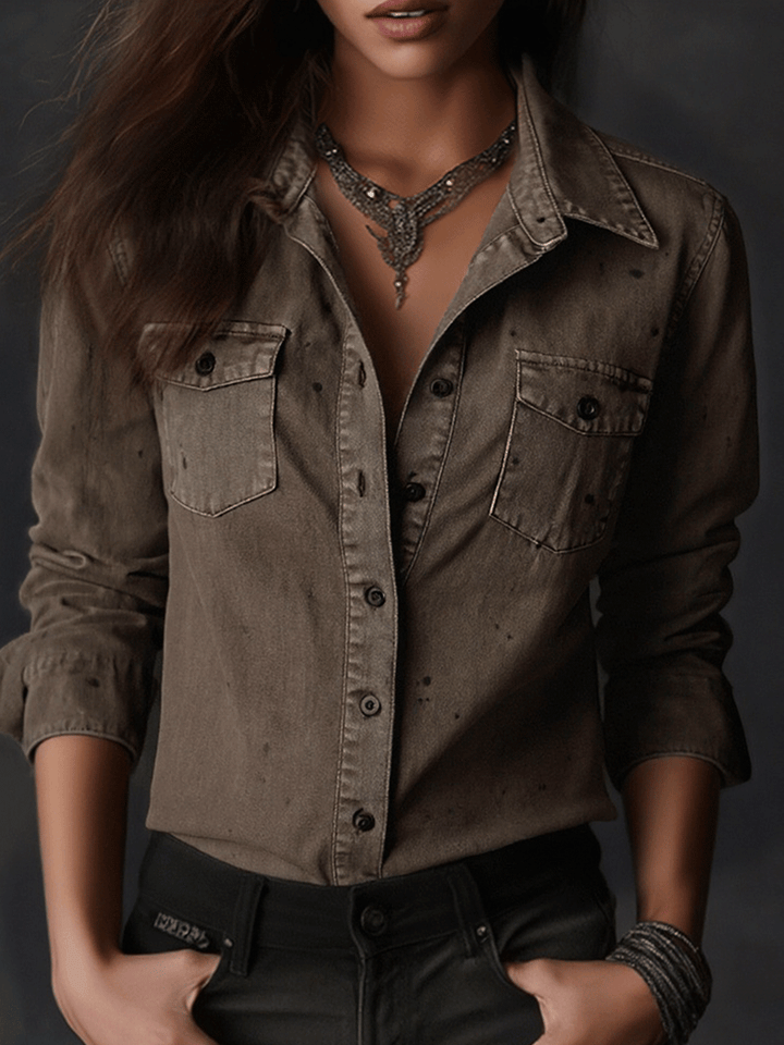 Retro Washed Taupe Western Slim Fit Button-Up Shirt