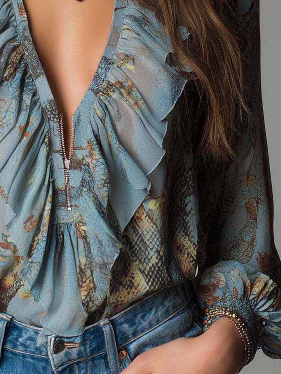 Ραμμένη Μπλούζα Chiffon με Φερμουάρ – Μπλε Ομίχλη με Λουλούδια Φίδι