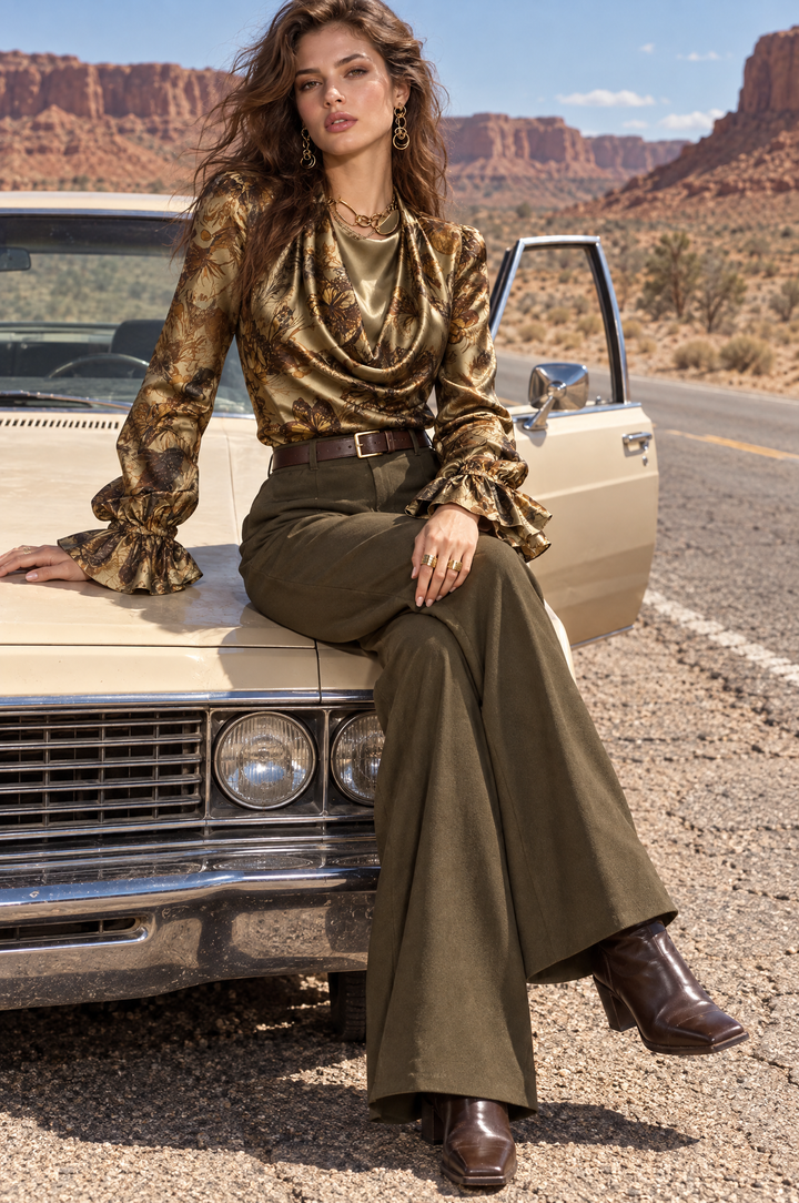 Retro Butterfly Print Satin Cowl Neck Top with Ruffled Sleeves