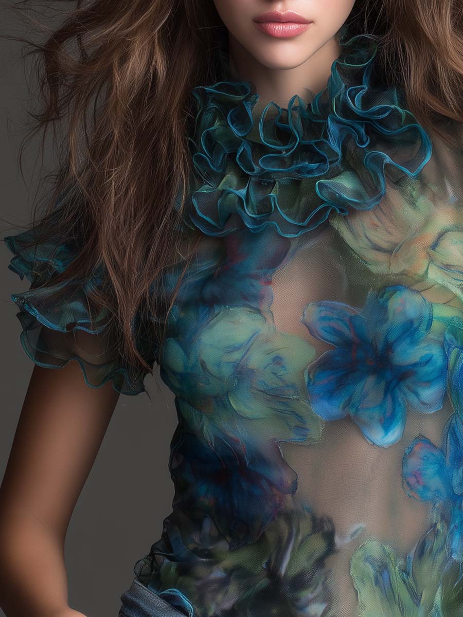 Vintage Bohemian Sheer Floral Ruffle Mesh Blouse