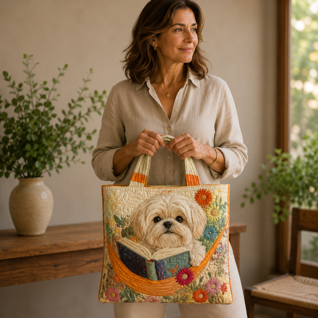 Χειροποίητη Τσάντα Shih Tzu με Βιβλία και Λουλούδια