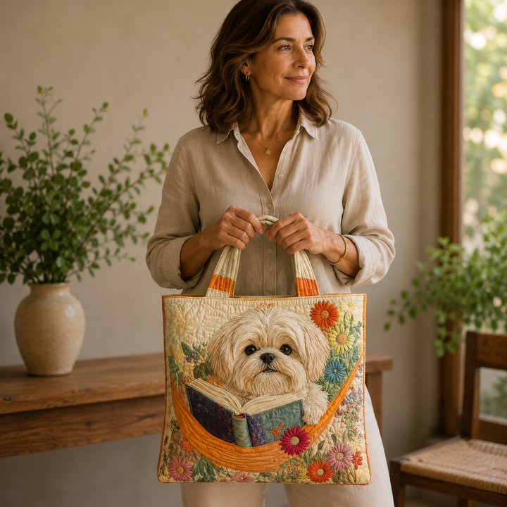 Χειροποίητη Τσάντα Shih Tzu με Βιβλία και Λουλούδια