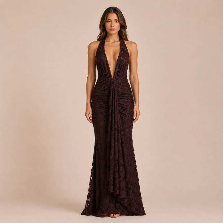 Carmen - Halter Dress with Lace and Deep V-Neck
