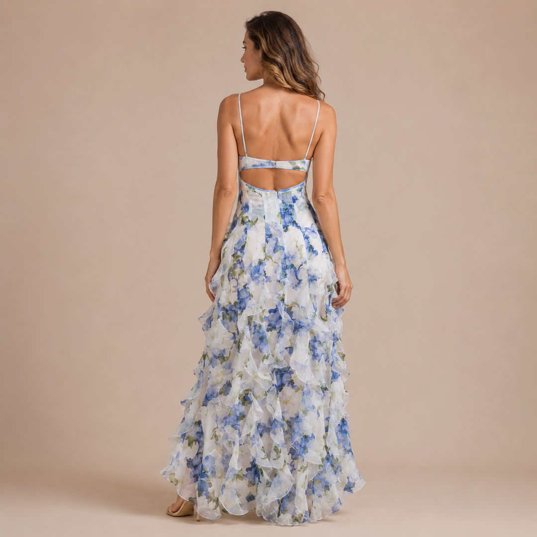 Nerea - Φόρεμα με λεπτές τιράντες και κορσέ, διακοσμημένο με φούστα από βολάν