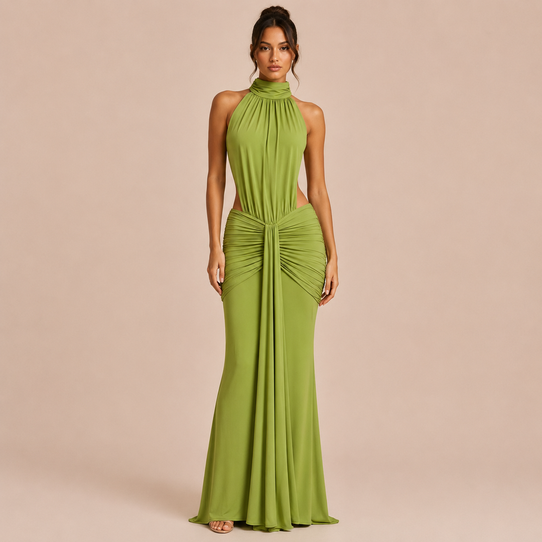 Pilar - Maxi Halter Dress with High Neck, Open Waist, and Mermaid Silhouette