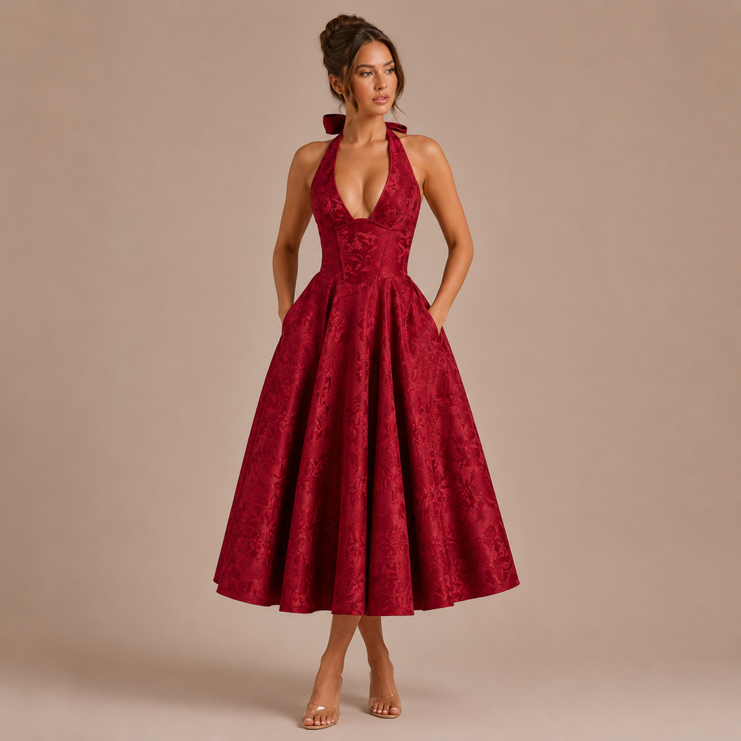 Ángela - Midi Halter Dress with Bow and Puff Skirt