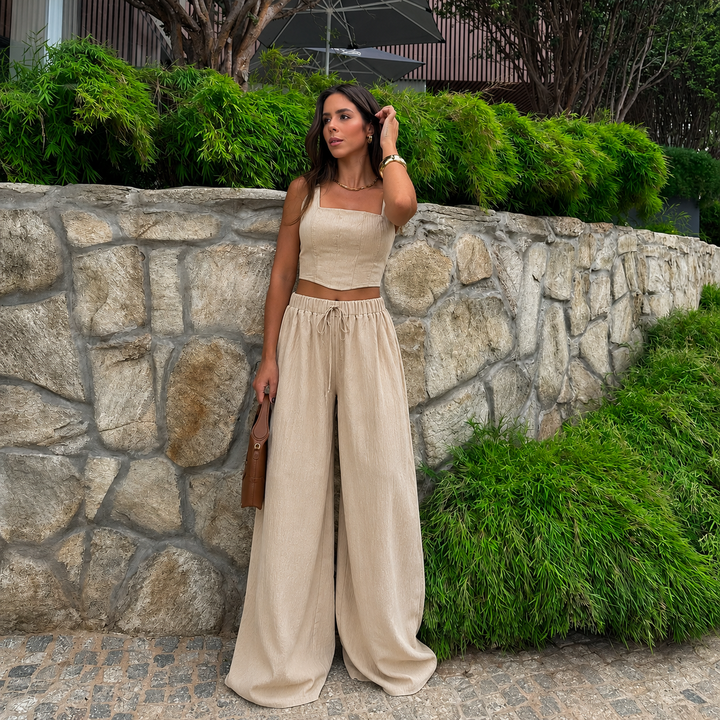 Ροκία - Σετ Crop Top με Ίσιο Ντεκολτέ και Παντελόνι Palazzo με Κορδόνι