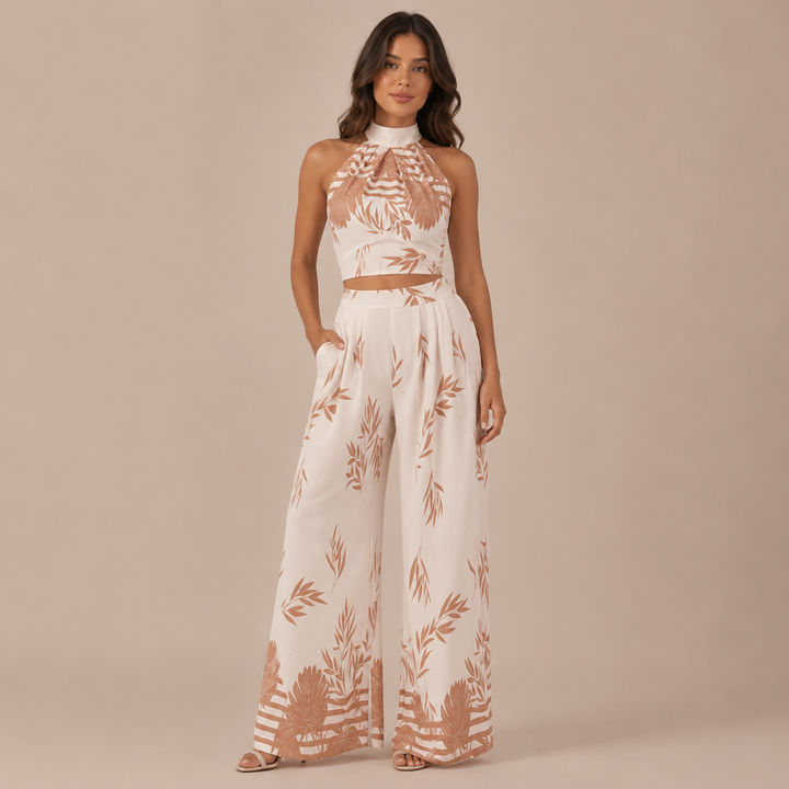 Valeria - Σετ με τροπικό σχέδιο, halter crop top και παντελόνι palazzo