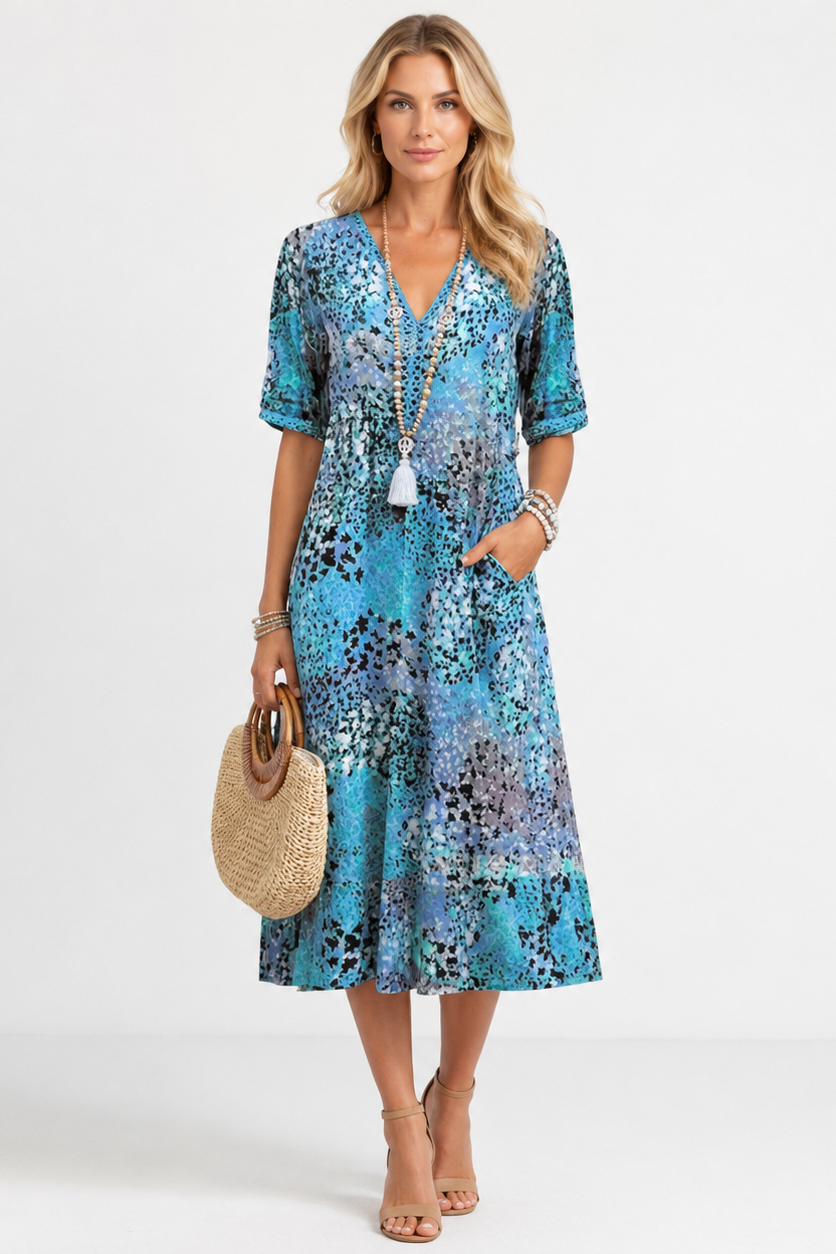 Boleslava | Boho Midi Dress with Floral Print and V-Neck