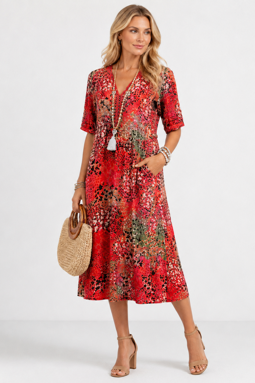 Boleslava | Boho Midi Dress with Floral Print and V-Neck