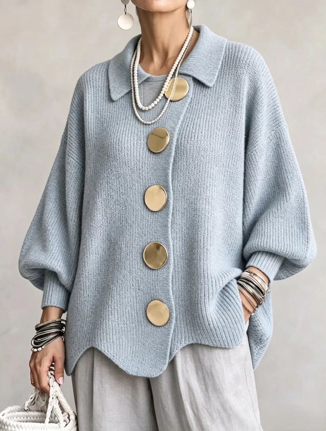 Isadora | Oversize Καρντακίν με Γιακά και Μεγάλους Μεταλλικούς Κουμπιά