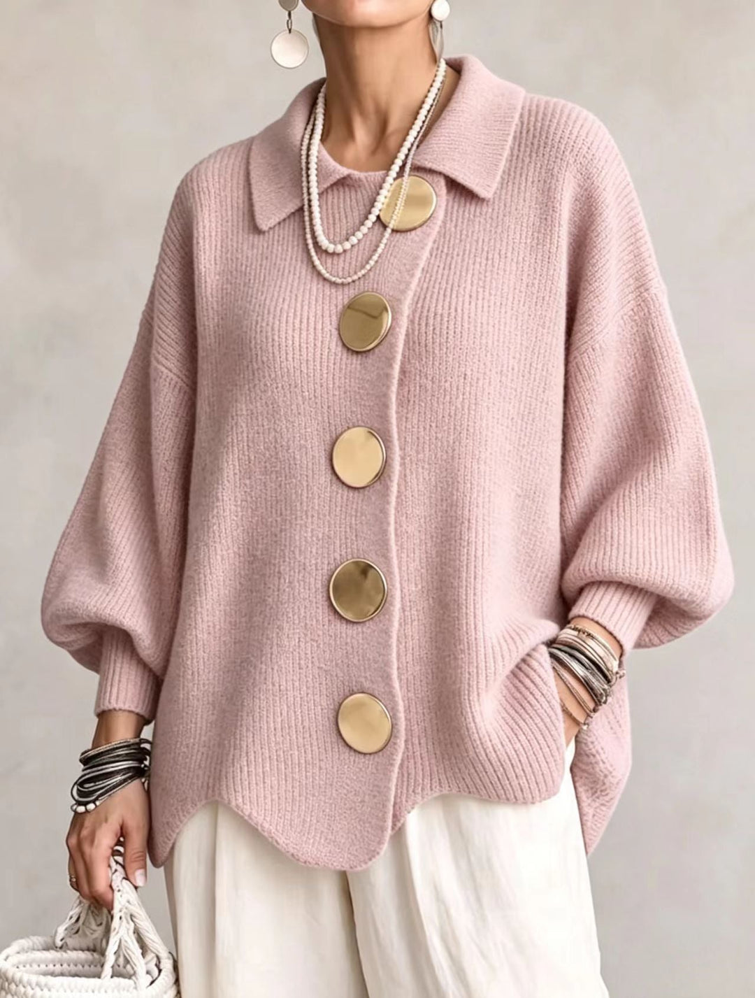 Isadora | Oversize Καρντακίν με Γιακά και Μεγάλους Μεταλλικούς Κουμπιά