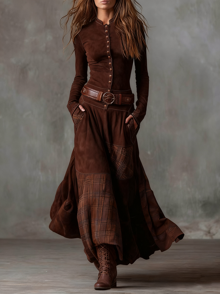 Živa | Maxi Dress with Belt and Checkered Panel