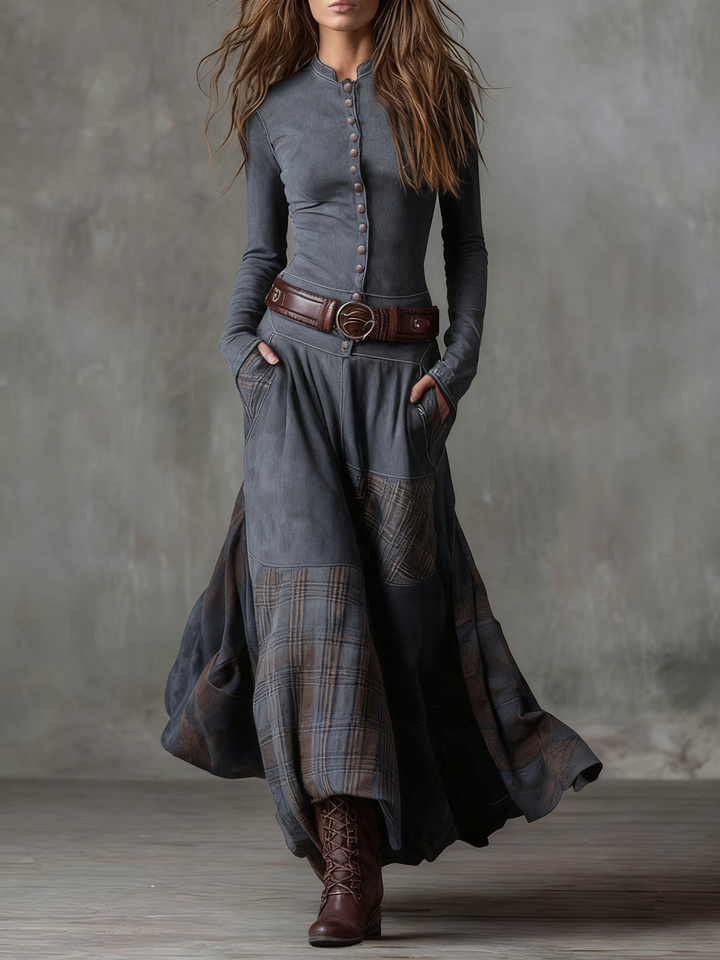 Živa | Maxi Dress with Belt and Checkered Panel