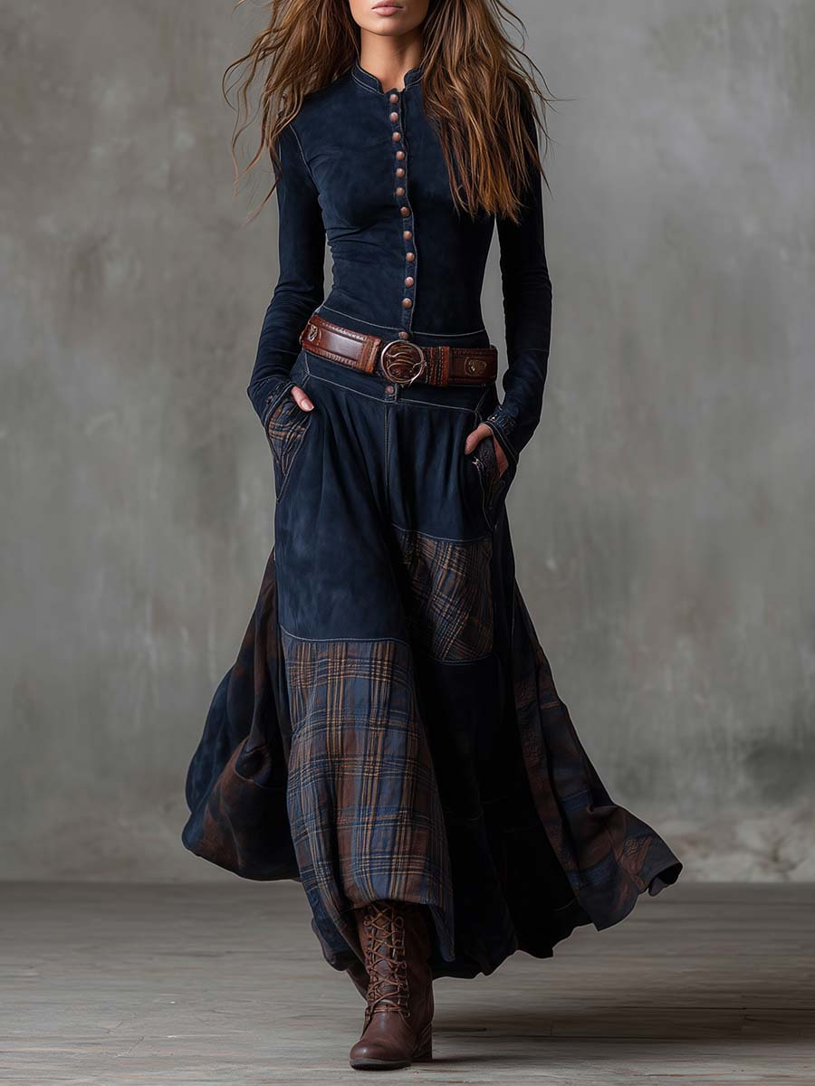 Živa | Maxi Dress with Belt and Checkered Panel