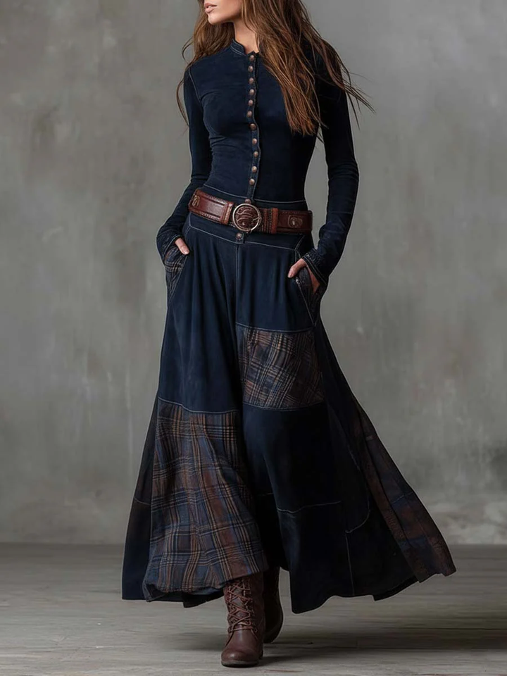 Živa | Maxi Dress with Belt and Checkered Panel