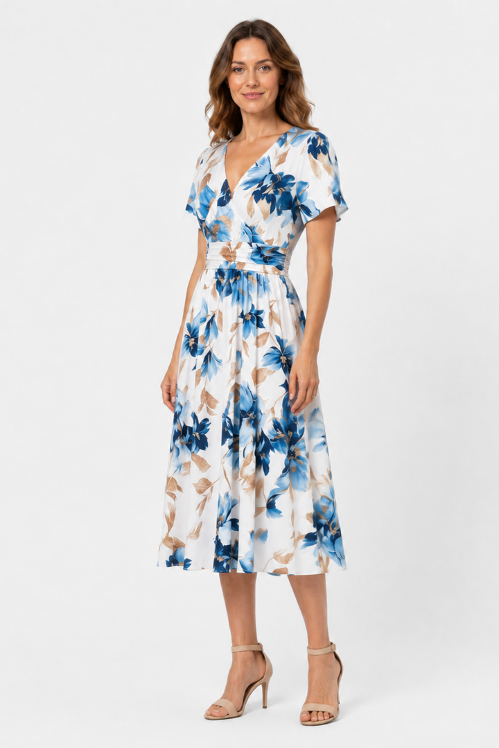 Zara | Floral Midi Dress with Tie and Sewn Belt