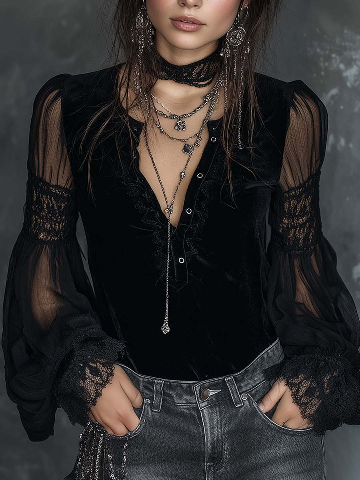 Vintage Velvet Blouse with Henley Collar, Sheer Sleeves, and Lace Trim