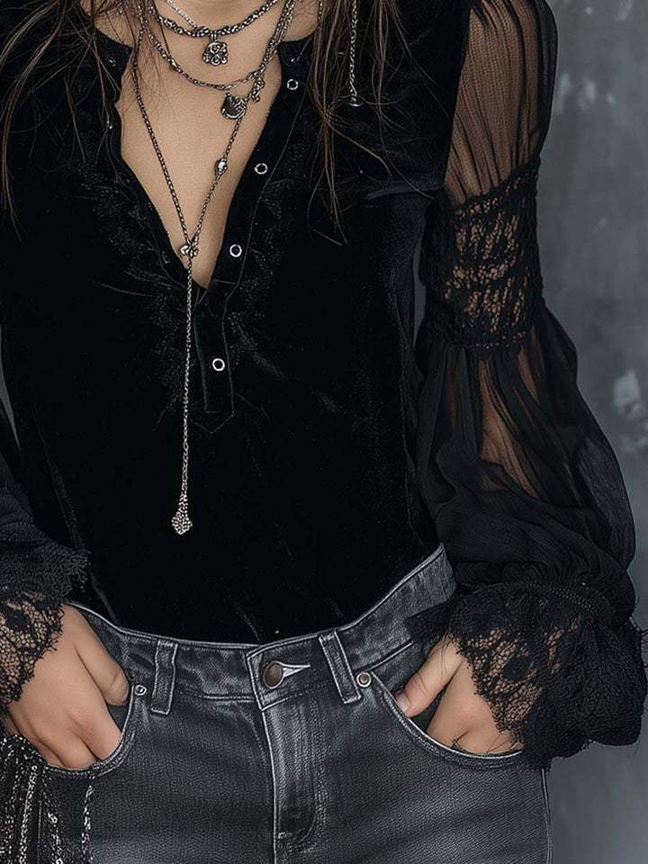Vintage Velvet Blouse with Henley Collar, Sheer Sleeves, and Lace Trim