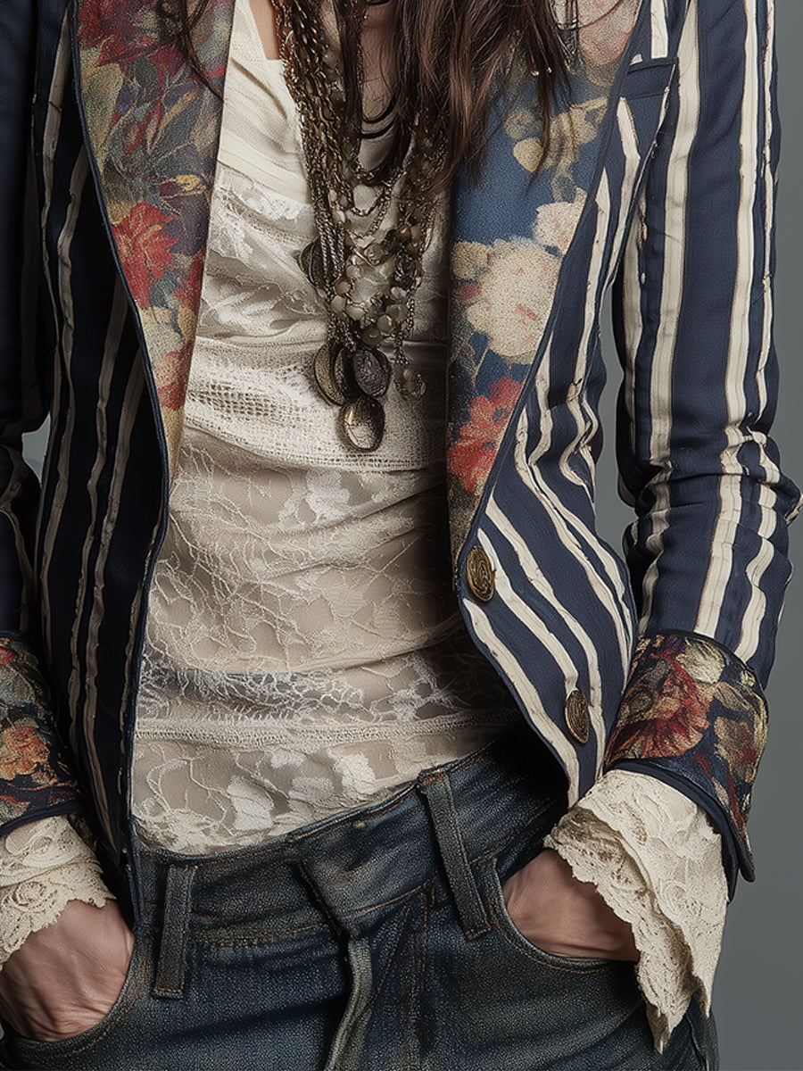 Μπλέιζερ με Ριγέ Σχέδιο και Λουλούδια σε Βαμβακερό και Λινό Ύφασμα