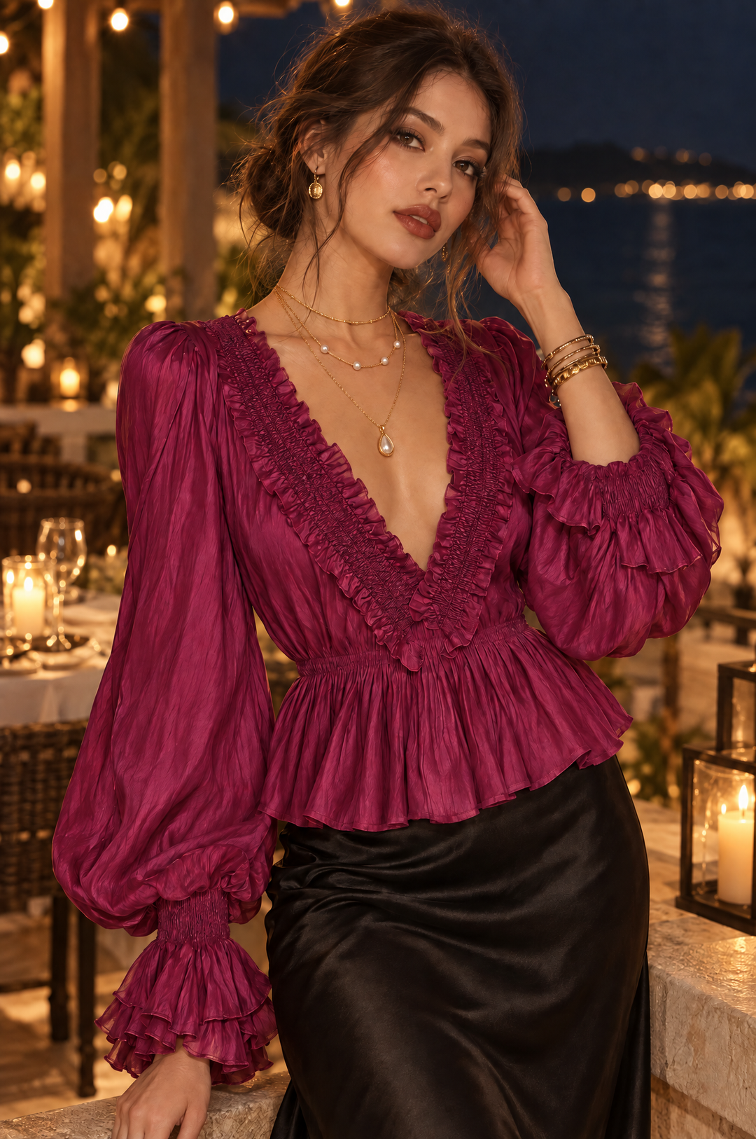Boho V-Λαιμό Μπλούζα με Φουσκωτά Μανίκια από Tencel και Ριγέ Σχέδιο