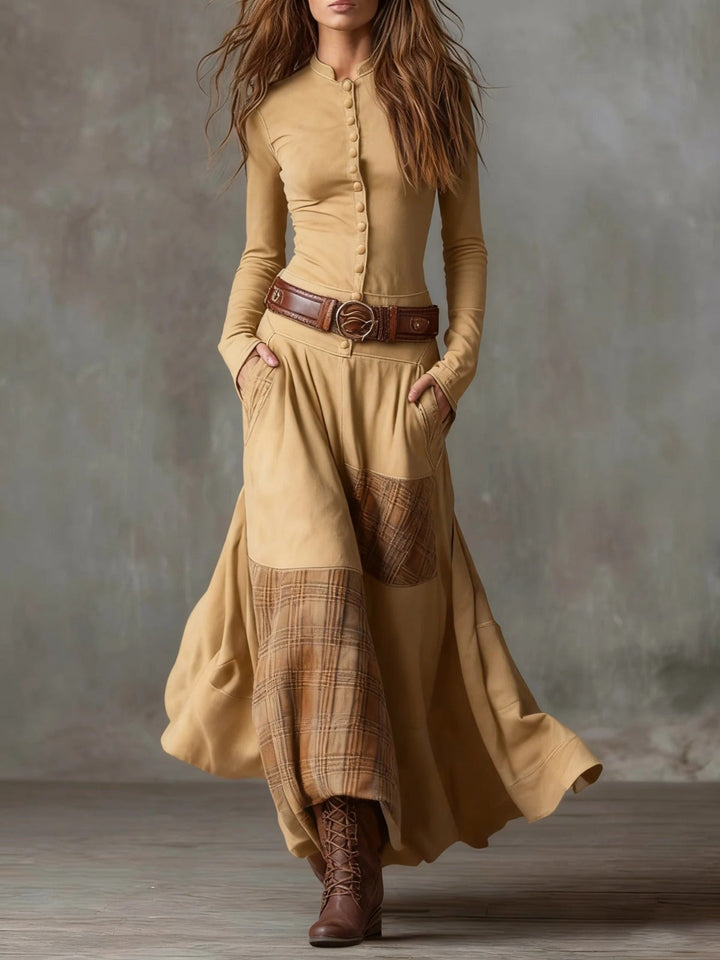 Živa | Maxi Dress with Belt and Checkered Panel
