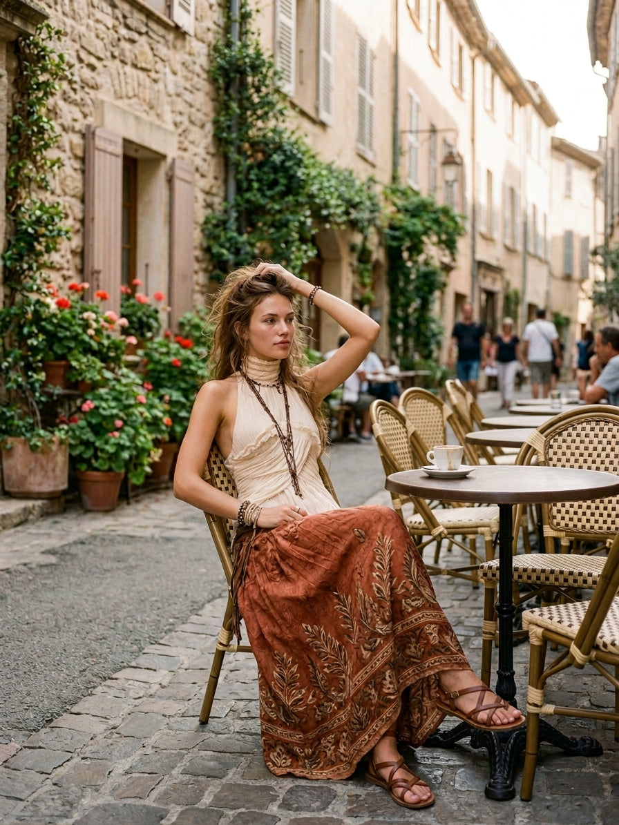 Ρομαντική Boho Μπλούζα με Πτυχώσεις και Χαμόγελο στον Λαιμό
